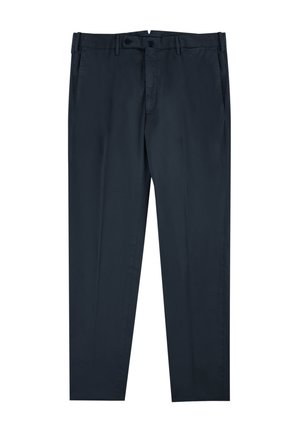 Pantalons bleu marine en tissu lisse, avec une fermeture à bouton, des passants de ceinture et des poches latérales, au design à jambes droites.