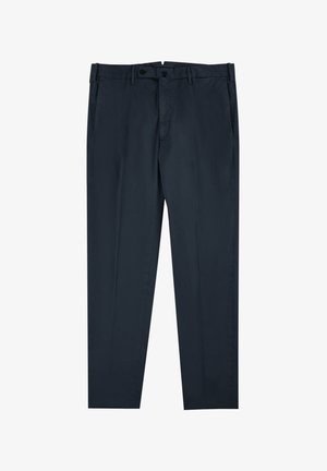 Marineblaue Hose aus glattem Stoff, mit Knopfverschluss, Gürtelschlaufen und seitlichen Taschen im geraden Schnitt.
