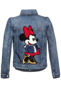 Jeansjacka med en stor röd och svart broderad Minnie Mouse-design på baksidan. Klassisk krage och knappade muddar.
