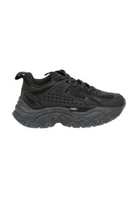 Sort chunky sneaker med tyk tekstureret sål, mesh- og læderpaneler, sorte snørebånd og Buffalo-mærkets logo på siden.