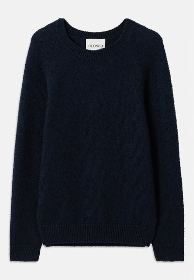 Pulôver de malha azul-marinho com decote redondo, mangas longas e punhos e bainha canelados. Textura suave e design simples, sem padrões ou detalhes.