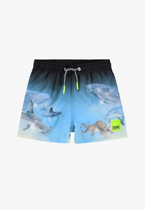 Heren zwemshorts met een blauwe gradient, versierd met oceaandieren zoals haaien, een walvis en een octopus. Elastische tailleband met trekkoord.