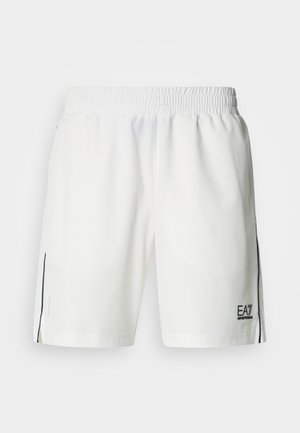 Bílé sportovní šortky s elastickým pasem, bočními rozparky a černými akcenty. Na spodní pravé straně je vytisknuto logo "EA". Lehký materiál.