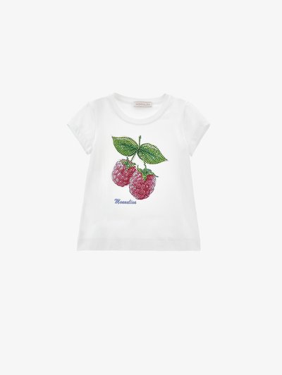 Witte katoenen t-shirt met een kleurrijk strass-steentjes rijnenontwerp van een kers en groene bladeren, ronde halslijn en korte mouwen.