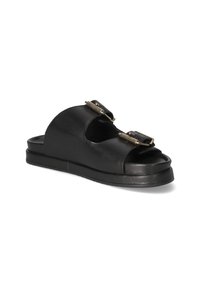 Zwarte leren slidersandalen met twee verstelbare gespbanden, open teenontwerp, chunky rubberen zool en een gladde afwerking.