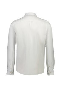 Witte lange mouw shirt gemaakt van een textuurstof met een button-down kraag, voorzien van knoopaccenten op de manchetten en een plooi-detail op de achterkant.