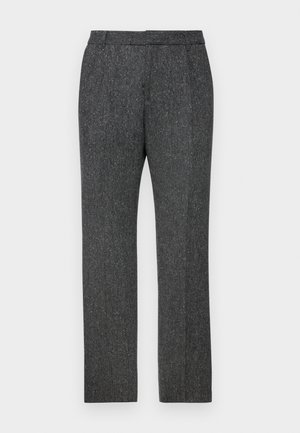 Tailored gray trousers made of textured fabric with a subtle pattern, featuring a straight leg design and a standard waistband.