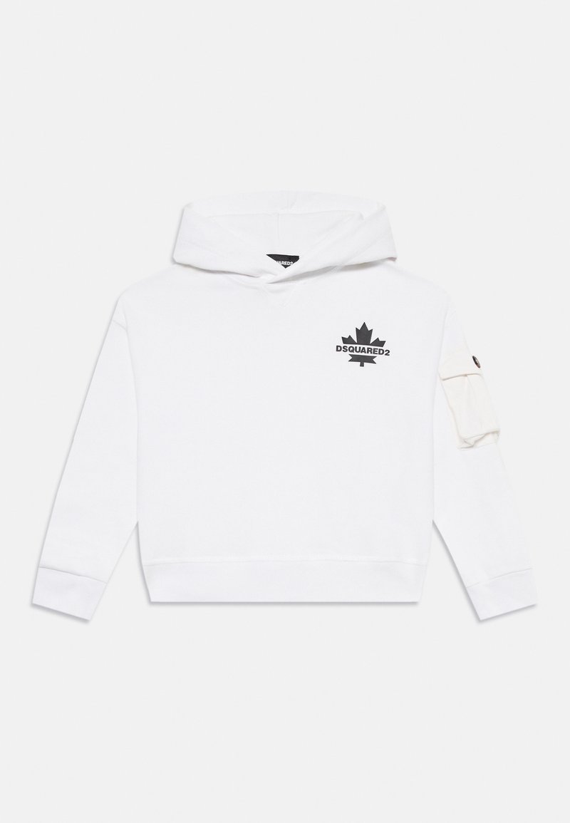 Vit huvtröja med en svart DSQUARED2-logotyp och ett lönnbladsmotiv. Innehåller en praktisk ficka på vänster ärm. Tillverkad av bomullsblandning.