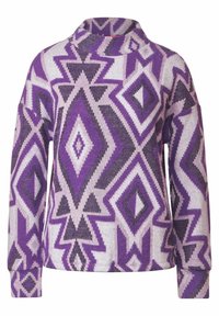 Pullover viola e grigio con motivo geometrico. Design a rombi, maniche lunghe e morbida texture in maglia.