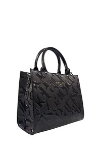 Borsa a mano in vernice nera con design del logo embossato, forma strutturata, doppie maniglie e discreti dettagli in hardware dorato.