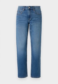 Blugi din denim albastru cu croi drept, având buzunare frontale, fermoar și închidere cu buton. Textură netedă și spălare clasică a denimului.