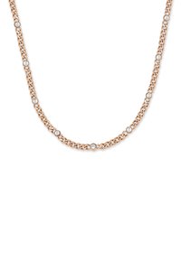 Collana a catena in oro rosa con maglie intrecciate e pietre preziose tonde trasparenti distribuite uniformemente lungo tutta la lunghezza. Texture liscia e finitura lucida.