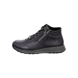 Black leather mid-top sneaker with laces and side zipper, cushioned grey sole, and padded ankle collar.