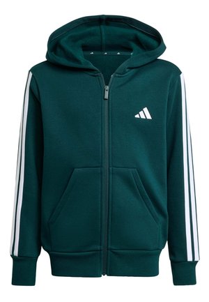 Dunkelgrüne Zip-Hoodie aus weichem Material, mit Kapuze, zwei Fronttaschen und weißen Streifen entlang der Ärmel.