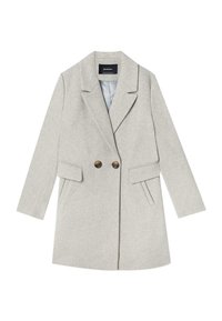 Hellgrauer Mantel aus strukturiertem Stoff, mit doppelt geöffneter Front, zwei Fronttaschen und Reverskragen. Messingknöpfe als Akzente.