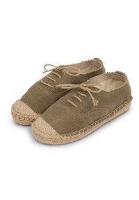 Olive green canvas espadrilles with a braided jute toe cap and flat sole, featuring laces and three eyelets for adjustable fit.