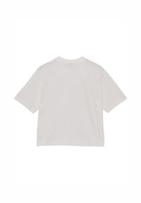 Weißes oversized T-Shirt mit kurzen Ärmeln, flach liegend, von hinten betrachtet, mit rundem Halsausschnitt und schlichtem Design.