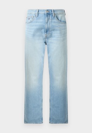 Jeans de tiro alto azul claro con pierna recta, bolsillos delanteros y cierre de botón.