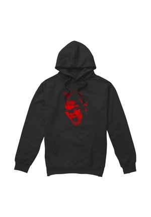 Black hooded sweatshirt with red graphic of an open-mouthed face in a halftone dot pattern on the front center.