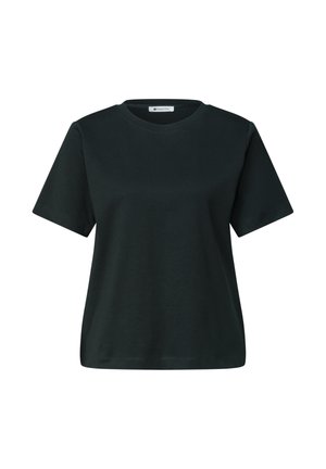 T-shirt noir en coton manches courtes, col rond, coupe régulière et étiquette de marque visible à l'intérieur du col.
