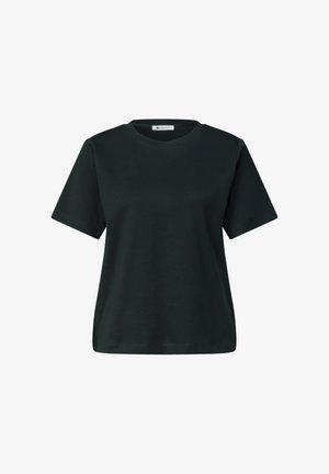 T-shirt noir en coton manches courtes, col rond, coupe régulière et étiquette de marque visible à l'intérieur du col.