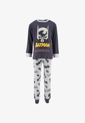 Batman-inspiriertes Schlafanzugset mit einem navyblauen Langarmshirt mit Logo und grauen Hosen, die mit schwarzen Batman-Logos verziert sind. Hergestellt aus weichem Stoff.