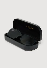 Črne prevelike pravokotne sončne očala resting inside odprti črni zaščitni etui blagovne znamke Coach.