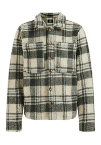 Fleecemallinen ruutupaitatakki kermanvalkoisena ja tummanvihreänä isolla ruutukuvioinnilla, jossa on kaulus, neljä nappia ja kaksi rintataskua.