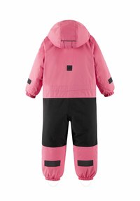 Pink and black waterproof snowsuit with a hood, elastic cuffs, and adjustable straps on ankles. Features a logo patch on the back.