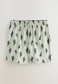Lysegrå shorts lavet af blødt stof med et gennemgående kaktusprint i grøn. Elastik i taljen med snor til justering.