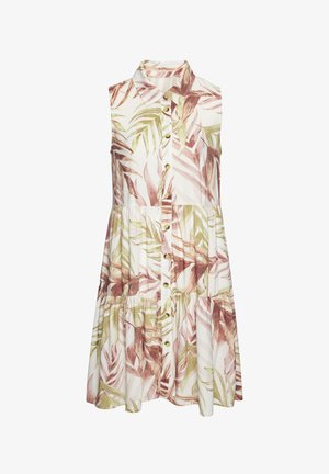 Vestido sin mangas en tejido ligero, con un fondo blanco y un estampado de hojas en rosa y verde, botones en la parte delantera y un diseño de volantes.