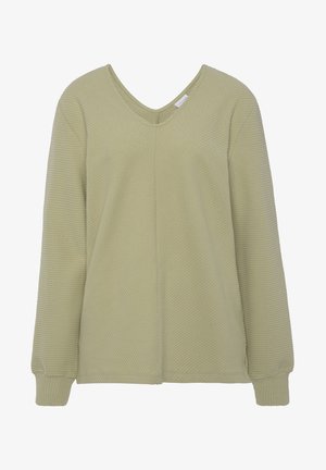 Maglione verde chiaro con texture a coste, scollatura a V e maniche lunghe. Design semplice con decorazioni minime, adatto per un abbigliamento casual.