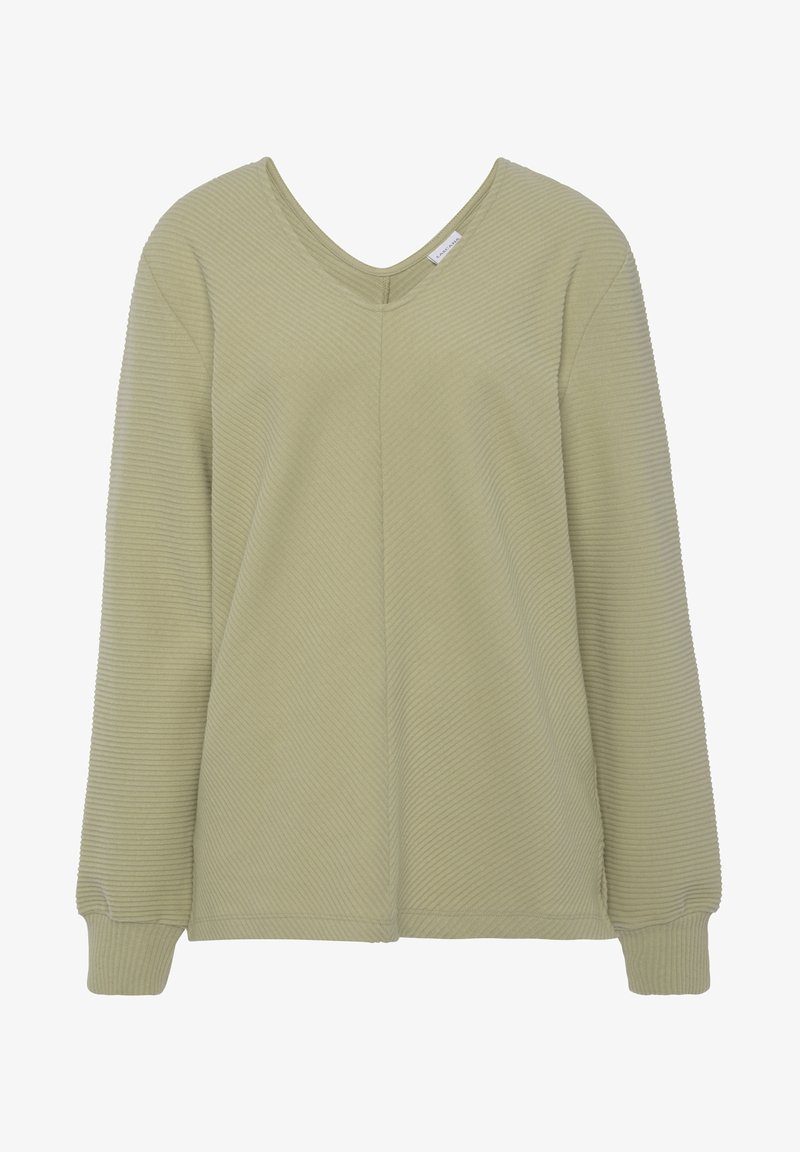 Maglione verde chiaro con texture a coste, scollatura a V e maniche lunghe. Design semplice con decorazioni minime, adatto per un abbigliamento casual.