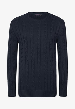 Pull tricoté bleu marine avec un motif torsadé, un col rond et des poignets et un ourlet côtelés. Fabriqué en tissu texturé.