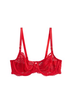 Červená krajková podprsenka s kosticemi a nastavitelnými ramínky s květinovým vzorem, navržená pro podporu a dekorativní nošení.
