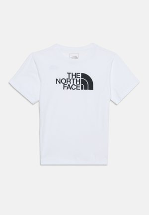 Wit t-shirt met korte mouwen met zwart "The North Face" logo en halve koepel grafiek in het midden van de borst.