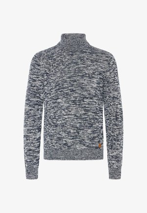 Gemarled breimuts in zwart en wit met lange mouwen en een klein bruin logo-sticker near de zoom.