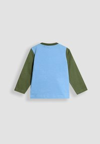 Langarmshirt mit blauem Körper und dunkelgrünen Ärmeln, aus weicher Baumwolle. Hat einen runden Hals und flache Nähte.