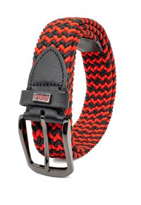 Cintura elastica intrecciata in nero e rosso, caratterizzata da un pezzo terminale in pelle nera e una fibbia metallica. Progettata con una texture intrecciata e una forma piatta.