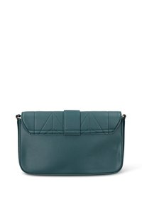 Borsa a mano in pelle turchese con una forma rettangolare, dotata di patta, cuciture geometriche e una fibbia dorata sul lato. Texture liscia.