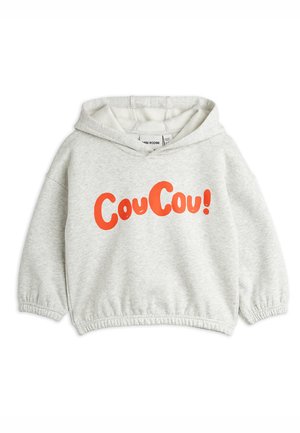 Felpa con cappuccio grigio chiaro con il testo arancione "Coucou!". Presenta polsini e fondo elasticizzati, materiale morbido e un design dal taglio comodo.