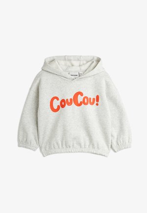 Felpa con cappuccio grigio chiaro con il testo arancione "Coucou!". Presenta polsini e fondo elasticizzati, materiale morbido e un design dal taglio comodo.
