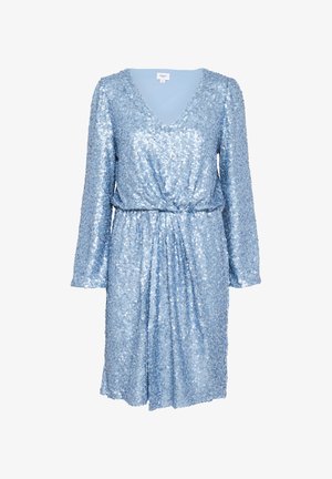 Šaty s flitry v světle modré barvě s dlouhými rukávy, V-výstřihem a nařaseným detailem v pase. Třpytivá textura s uvolněnou siluetou.