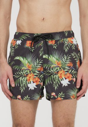 Pantaloni da bagno neri con un vivace motivo floreale arancione, bianco e verde. Realizzati in materiale leggero con cintura elastica e lacci.