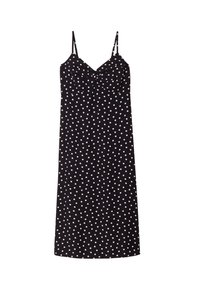 Robe noire à pois blancs, dotée de fines bretelles réglables et d'un détail en nœud au niveau de la poitrine. Tissu lisse, design midi.