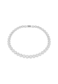 Zilverkleurige ketting met ronde heldere kristallen in ronde metalen zettingen, met een veilige sluiting aan de achterkant. Elegante en symmetrische vormgeving.