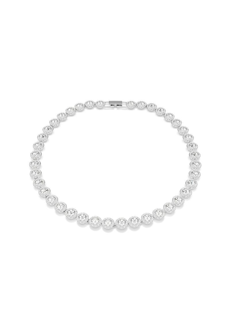 Zilverkleurige ketting met ronde heldere kristallen in ronde metalen zettingen, met een veilige sluiting aan de achterkant. Elegante en symmetrische vormgeving.