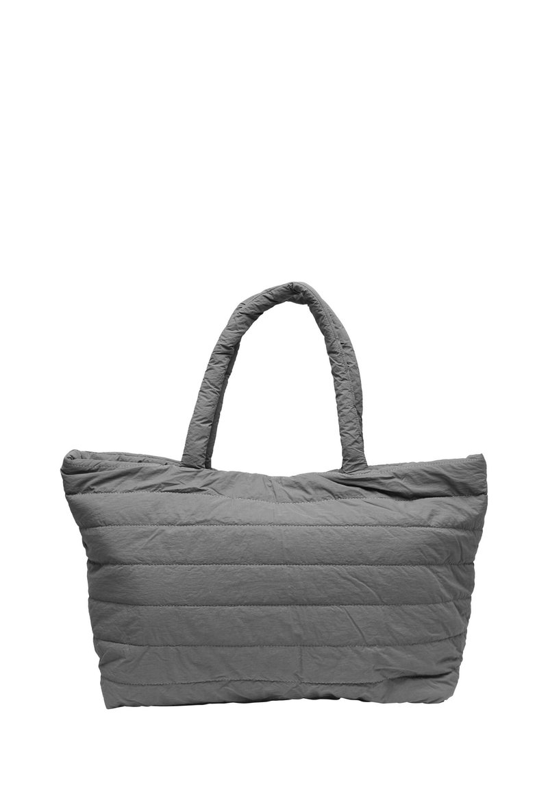 Borsa a tracolla grigia con un design trapuntato e gonfio, due manici e motivi cuciti in orizzontale. Realizzata in tessuto morbido e testurizzato.