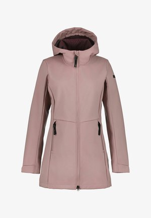 Lys pink, vandtæt jakke med hætte, frontlynlås og sidelommer. Har et stilfuldt design, der er velegnet til udendørs brug.