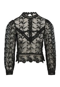 Schwarze Spitzenbluse mit hohem Kragen, langen puffärmel, floralem Stickerei, gewelltem Saum und Schlüssellochöffnung hinten.